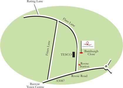 Location map of Bamburgh Close housing development in Barrow in Furness, Cumbria